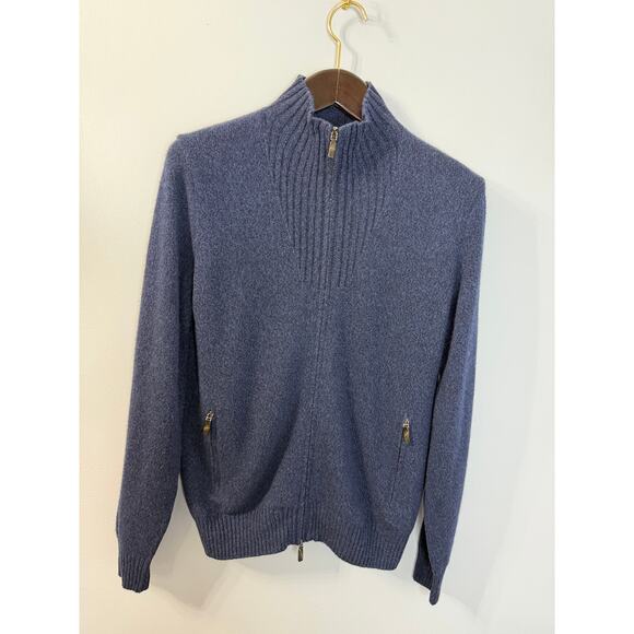 Corneliani Men's Wool Cashmere Ribbed High Neck Full Zip Sweater Blue Sz 48 /M - Picture 3 of 12